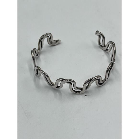 Stamped .925 Sterling Silver Intertwined Wavy Squiggles Artisan Cuff Bracelet - Picture 5 of 9